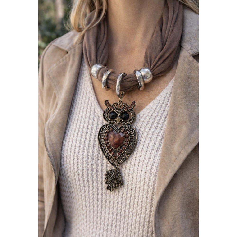 Boho Owl Pendant Scarf‎ Necklace Brown Fabric Statement Rhinestone Heart Long